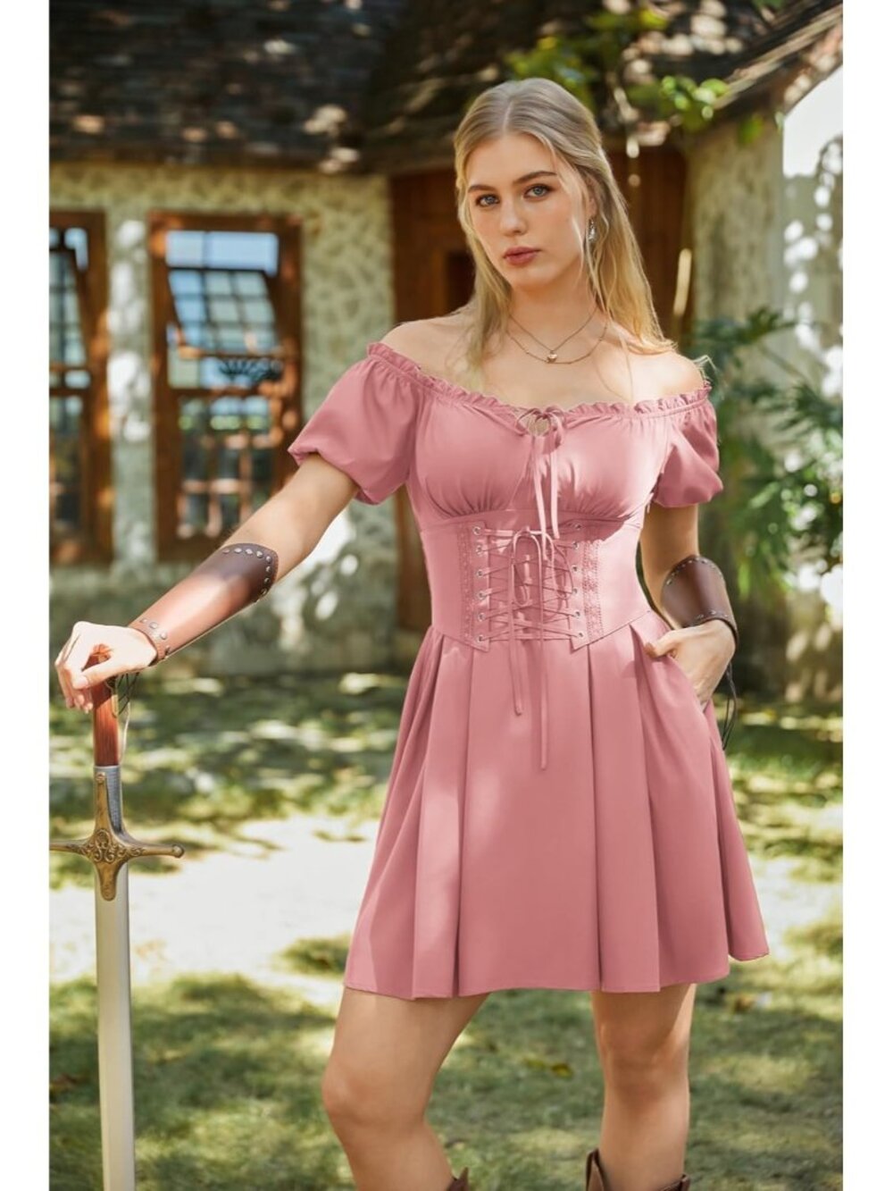 Women's Pink Renaissance Costume Corset Dress Mini Off Shoulder Fairy Dresses - Picture 3 of 6